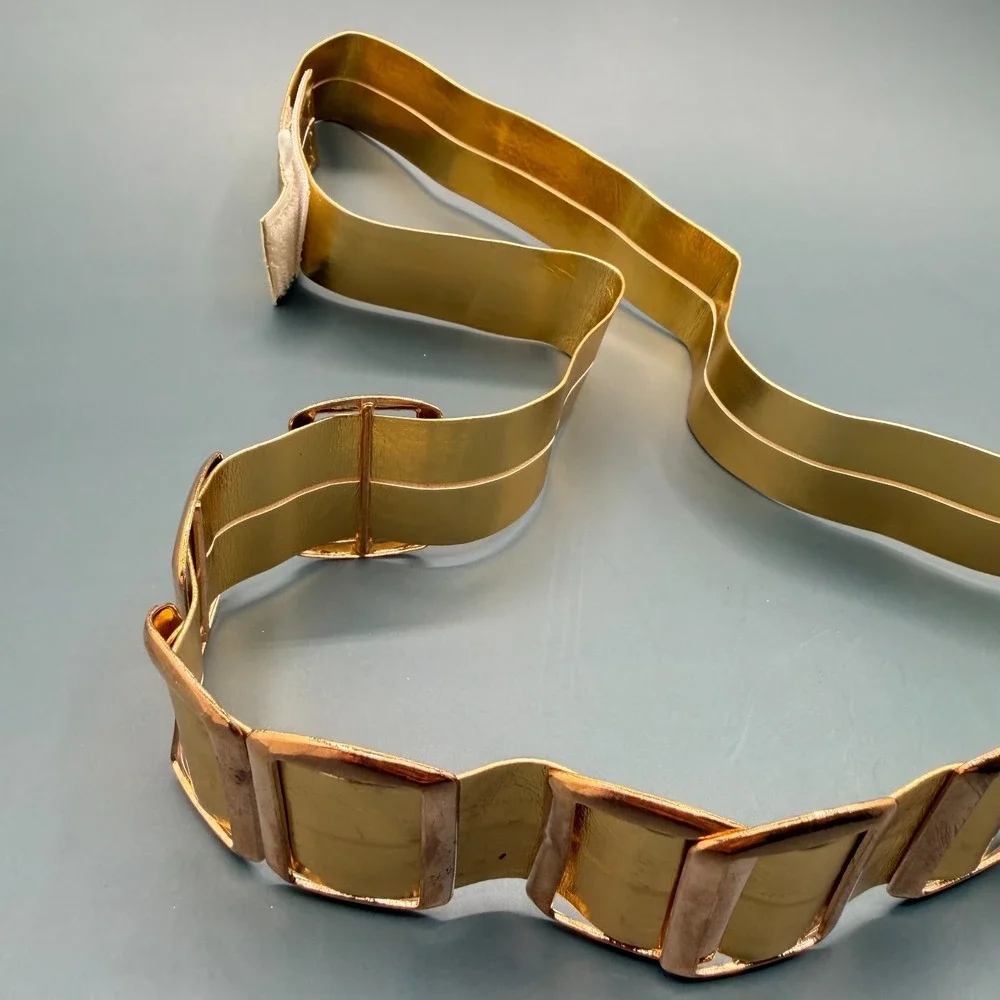 Gold Tone Wide Waist Belt Rectangular Accents Statement Vintage Retro Costume